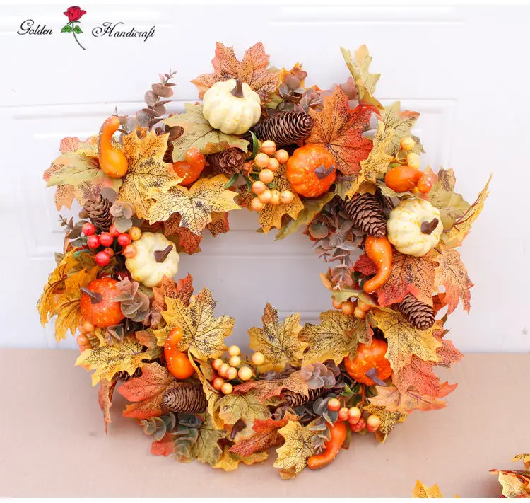 Corona Portacandele Autunnale - Con Zucche E Foglie Di Acero, Diametro 25cm, Decorazione Casa - Foto 7