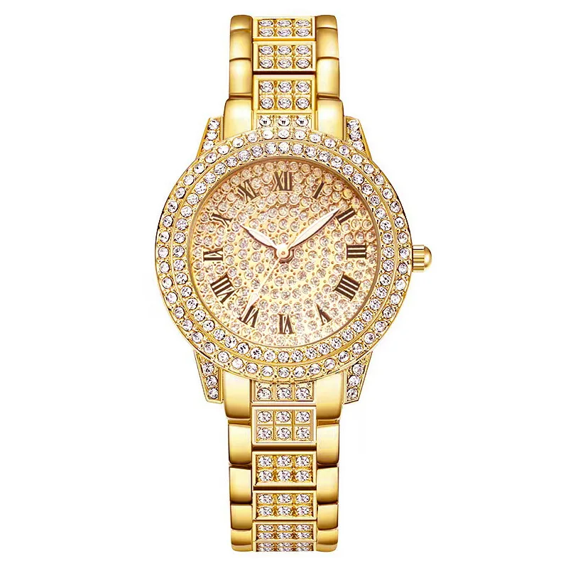 Fashion Female Diamond Wrist Watches Rose Gold Dial Quartz Glass Digital Stainless Steel Watch Alloy Unisex 6mm Round 20cm 60g