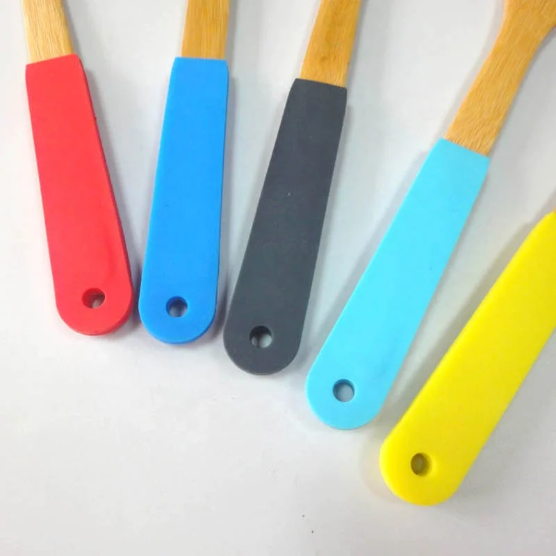 Бамбуковая кухонная утварь набор столовых приборов 30 см Силиконовая бамбуковая Ложка Вилка лопатка противоскользящая термостойкая силиконовая ручка