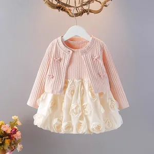Girls' Autumn Baby Solid Color Cardigan Dress Children's Fashionable Cotton Eco-Friendly Breathable Flower Girl Coord Set