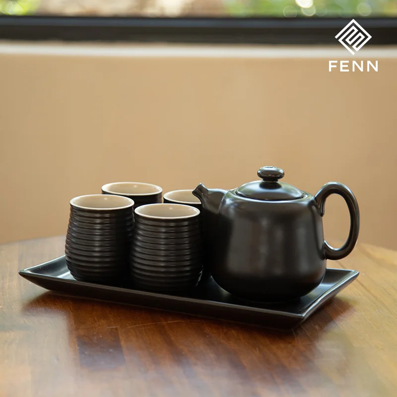 FENN wholesale custom tea accessories vintage restaurant black chinese teapot ceramic cup saucer set unique tea cup with tray