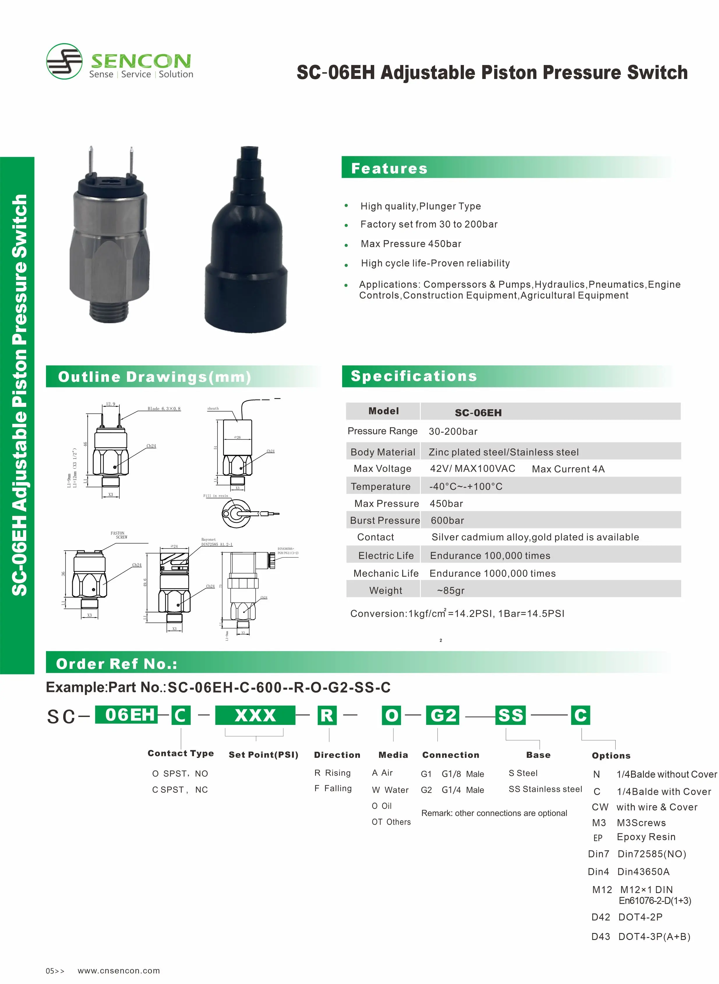 High Pressure Switch Adjustable Pressure Switch Sc06eh Cnsencon Piston