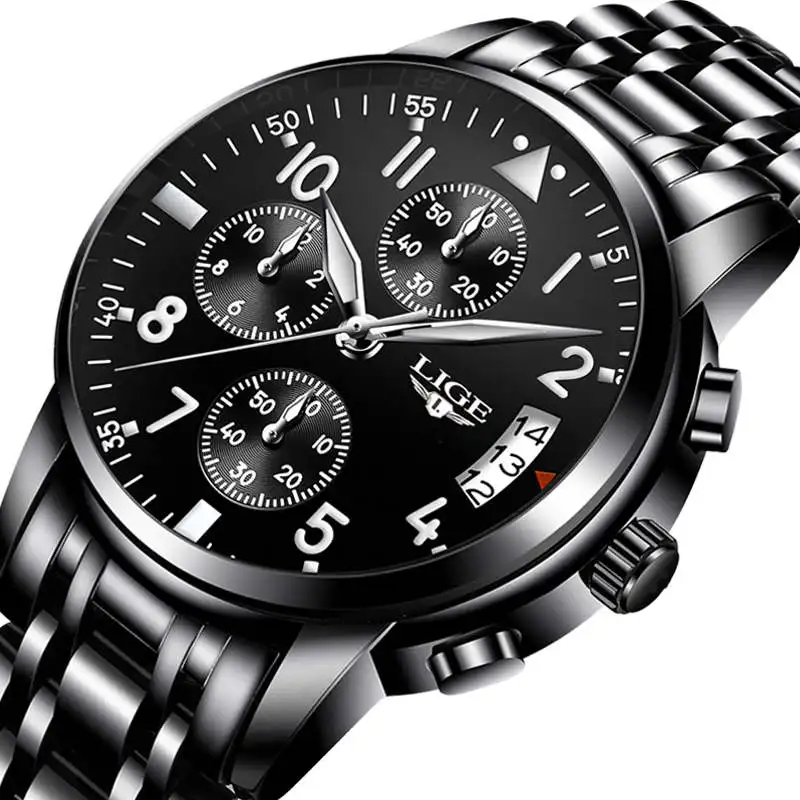 LIGE 9825 Men's Watch Luxury Sport Quartz Chronograph