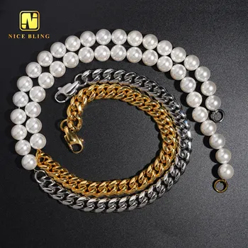 Dainty Pearl Necklace Bracelets 18K Gold Plated Stainless Steel Chains Half Pearl Half  Cuban Link Necklace For Men Women