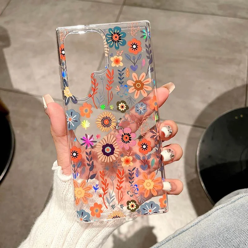 Luxury Flower Pattern Transparent Phone Cases for Samsung S26 S23 S24 S25 Ultra A56 A35 A53 Double Layer Printing Antifall Cover