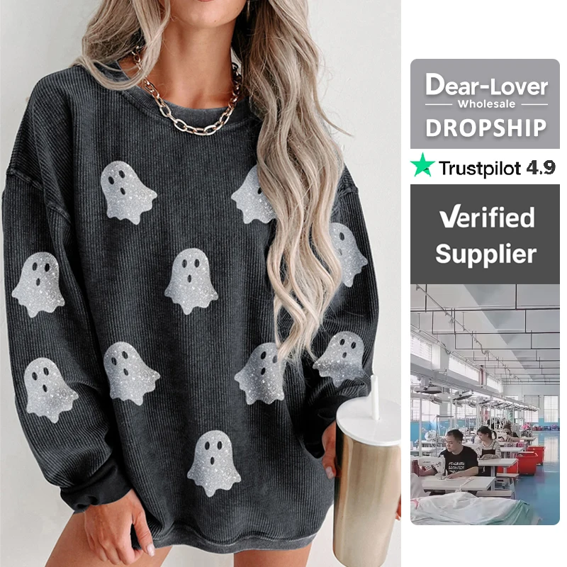 Dear-Lover Wholesale Women Black Halloween Ghost Corded Crew Neck Loose  Ladies Sweatshirt