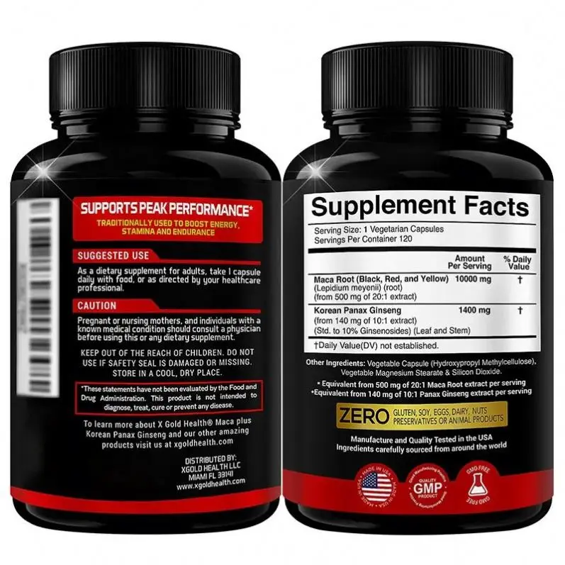 Good Quality OEM Maca Root Capsules 10000 mg Panax Ginseng Capsules Black Red Yellow Maca Root Supplement