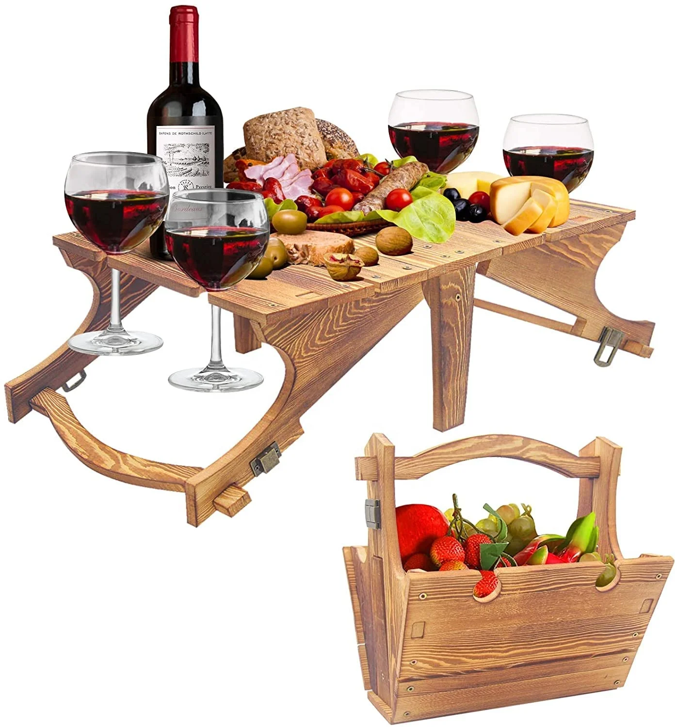 Hlzerner 2-in-1 Multifunktions-Klapptisch Kleiner Camping-Korb  Bambus-Obst-Klappregal Organizer Holz-Picknicktisch fr Drauen