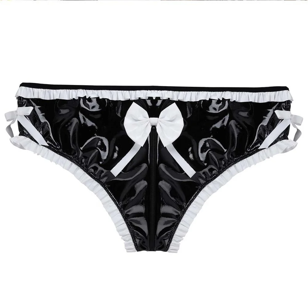 Sissy Satin Frilly Panties Briefs for Men With Zip Crotch