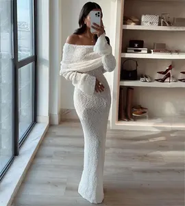 Knit Hollow Out Off-Shoulder Maxi Dress Women Cover up Knitwear Loose Long Sleeve Holiday Beach Party Dress
