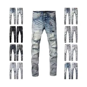 Fashion Men's Slim Fit Jeans with Elastic Tear Tear Tight Design Independent Customization Logo Men American Street Brand Jeans