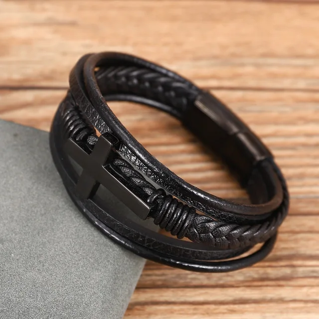 Classic Cross Multi-Layer Stainless Steel Men’s Bracelet – Black Leather Strap, Adjustable Magnetic Closure – Gift Ready