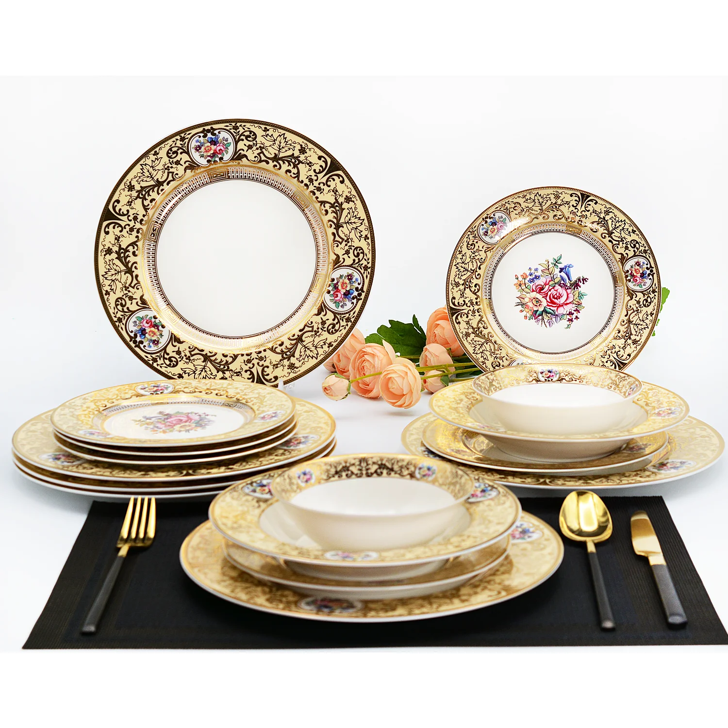 Wholesale royal bone china luxury dinner set flower decal printing