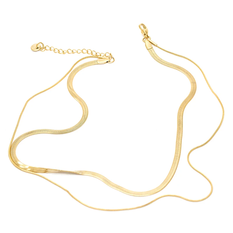 18K Gold Plated Double Layer Snake Bone Chain Necklace Snake Chain Flat Snake Gold Choker Necklace for Women Men