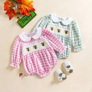Custom Baby Clothes Shirred Smocked Baby Clothing Plaid Jumpsuit Thanksgiving Baby Rompers