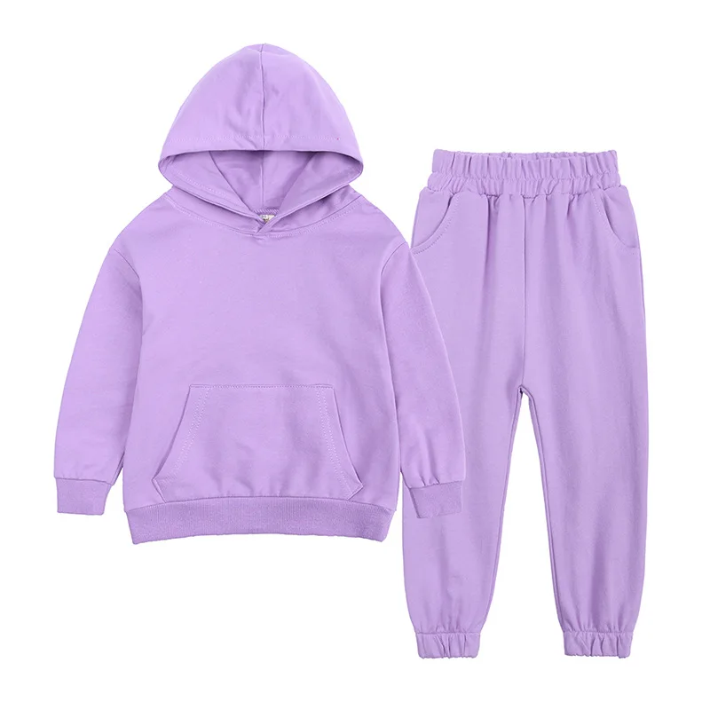 Solid Color Velvet Hooded Suit Kids Sports Sets Hoodie and Pants