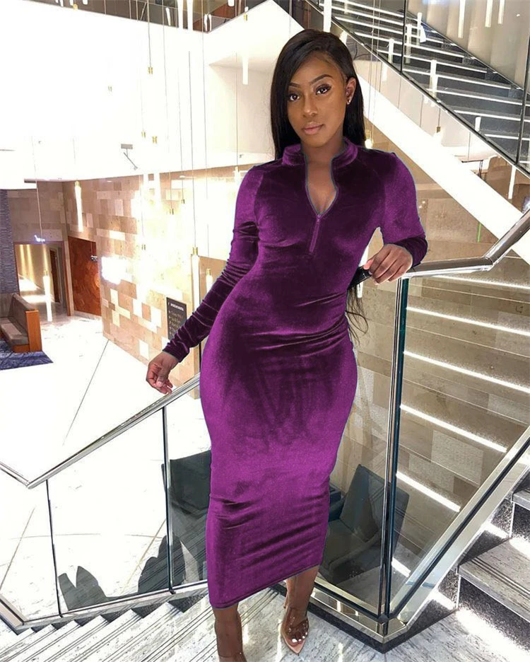 Purple Velvet Bodycon Dress Long Sleeve New Arrival Fall 2021 Women Clothes  Long Sleeve Elegant Casual