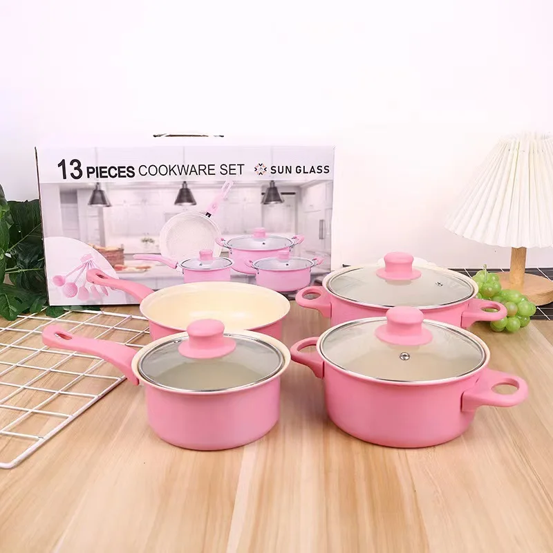 Cookware Sets 13 Pcs Pink Kitchen Ware Non Stick Granite Dessini Cookware Set Cooking Wok with Cocina