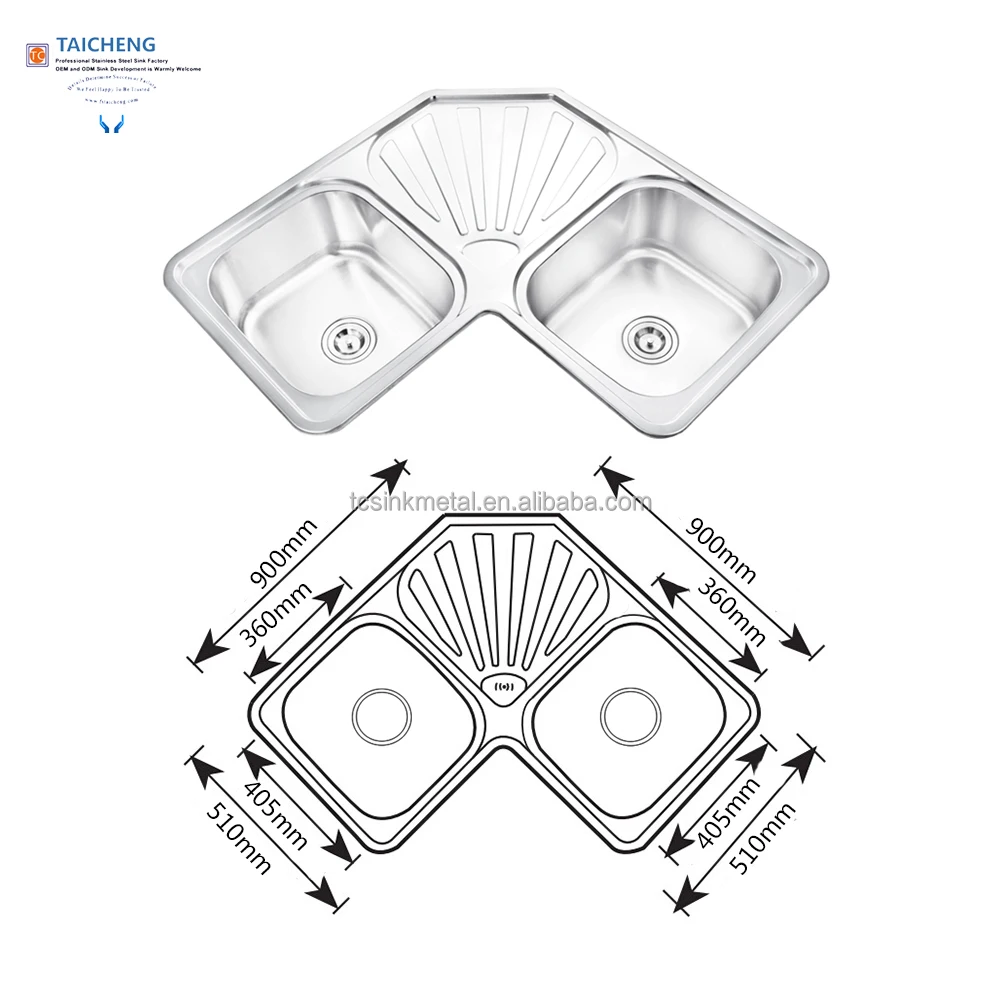 90x90x21cm 201 Stainless Steel Corner Double Bowl Kitchen Sinks with Draining Board