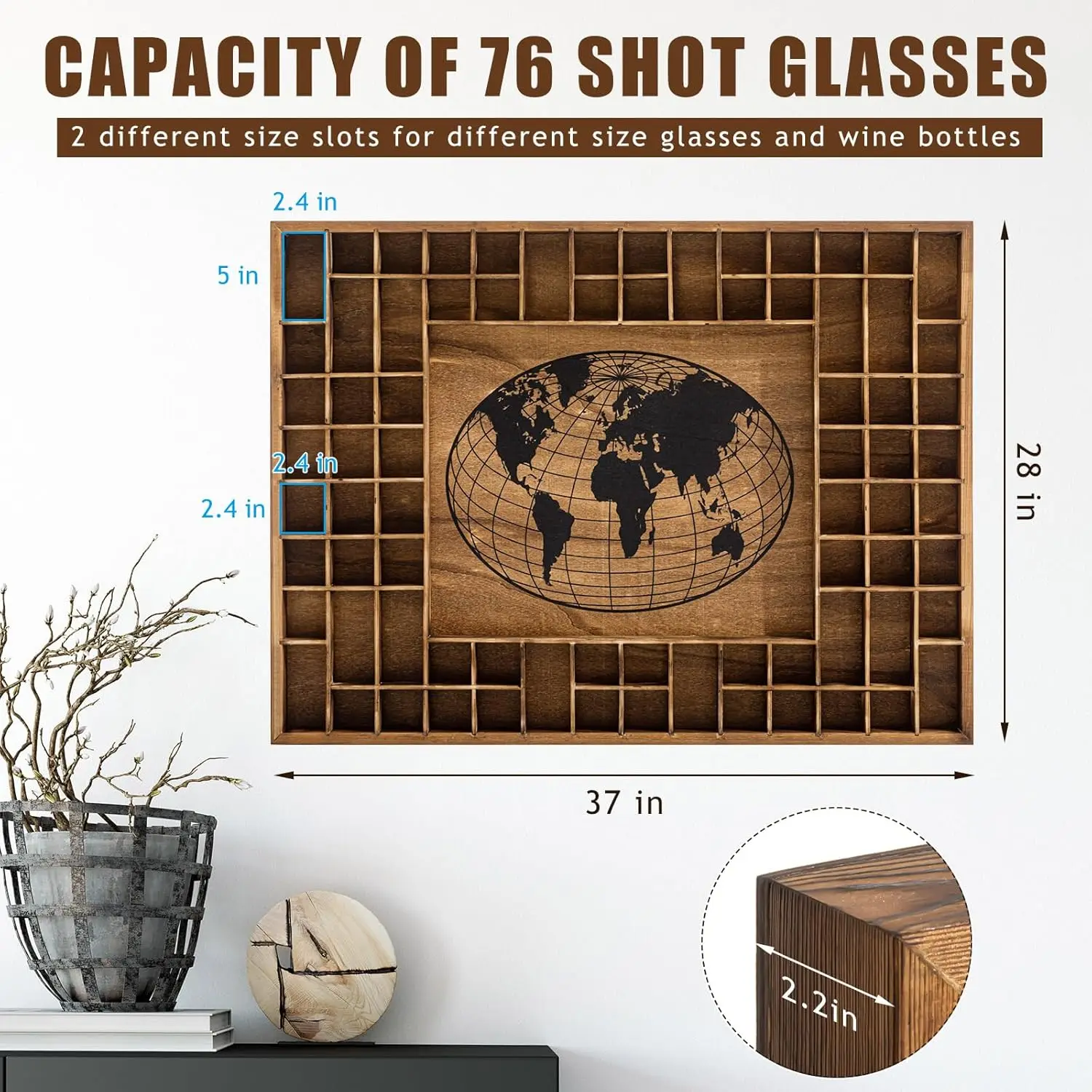 JUNJ Large World Map 76 Slots Shot Glass Display Case - Wall Mount Storage For Living Room, Custom Color Options Available - View #6