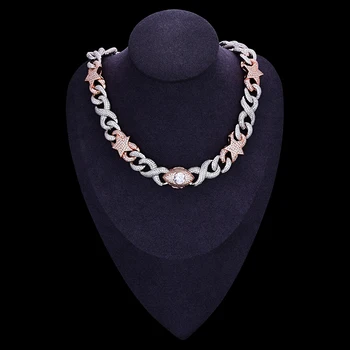JWY Fashion Jewelry Choker Necklace Cuban Link Chain Eye Star Diamond 3A Iced Out CZ Star Hip Hop 16MM Brass Punk Zircon Copper
