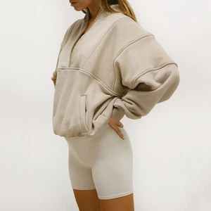 Custom logo Retro Style Ribbed Kangaroo Pocket Oversize Sweatshirt Loose Fit Zipper Pullover