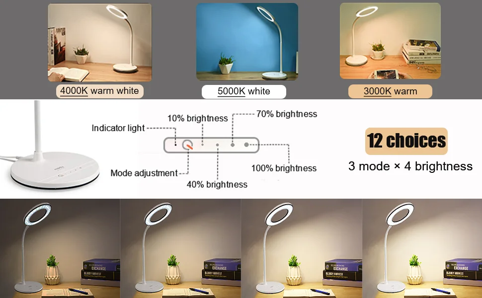 LED Desk Lamp Eye-Caring, Dimmable with Adapter, Touch Control Sensitive,360 degrees flexible adjustable direction