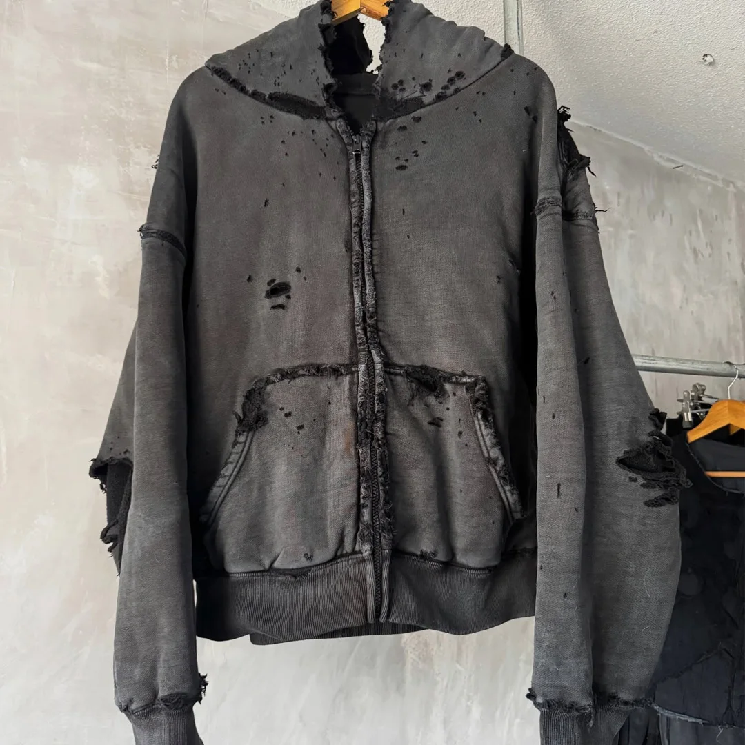 Přizpůsobitelná streetwearová vintageová hoodií s kyselinovým praním a zipem, silně poškozená, se štěpenými a roztrhanými okraji, převelký střih, módní značka pro muže s kapucí