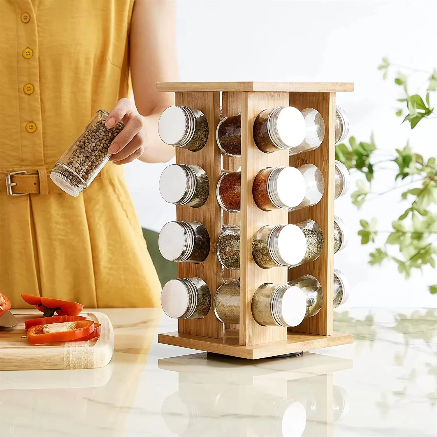product 16 jars bamboo revolving seasoning bottles organizer shelf holder rotating spice rack for kitchen countertop-9