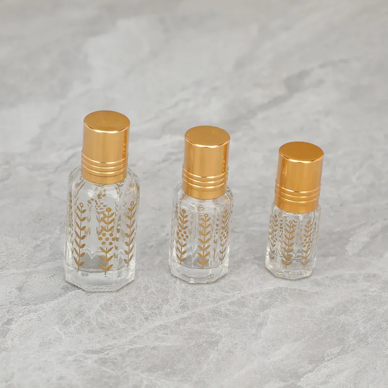 Top Grade 3ml 6ml 12ml Empty Golden Octagonal Essential Oil Roller Bottle Leaf-pattern Glass Roll on Perfume Bottle