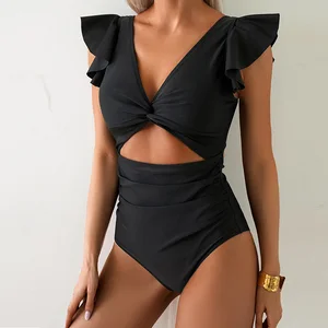 Quick-Dry One-Piece Swimsuit for Women Ruffle Sleeve V-Neck U-Back Bathing Suit with Padded Bra & Stretch Fit