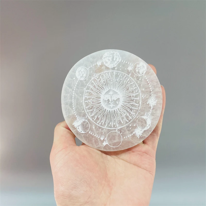 10 cm High Quality Selenite Tree of Life 12 Constellations Coaster Plate Engraved With Chakra Symbol Selenite Carving Slice