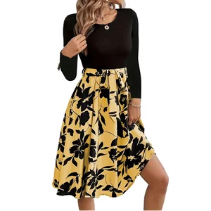 New Long Sleeved Printed Dress Patchwork Midi Dress Belt A-line Dress for Women Plus Size Clothing Wholesale