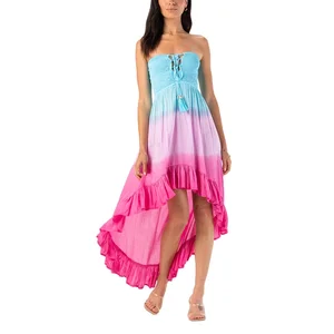 Custom High Quality  Summer Causal Dress  Tie Dye Tube Top Off Shoulder Open Back Hollow Ruffle Edge Design Irregular Hem Dress