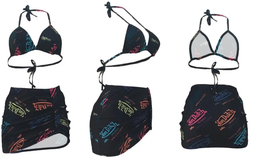 ALS243 Wholesale 2021 New Letter Printing Swimsuit Cover Up Mini Skirt Swimsuit Bikini Set Sexy 3 Piece Halter Swimsuit