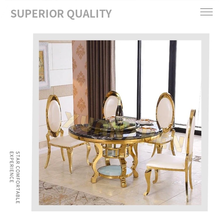 Modern 6 Seater Round Marble Dining Table Set with Golden Stainless ...