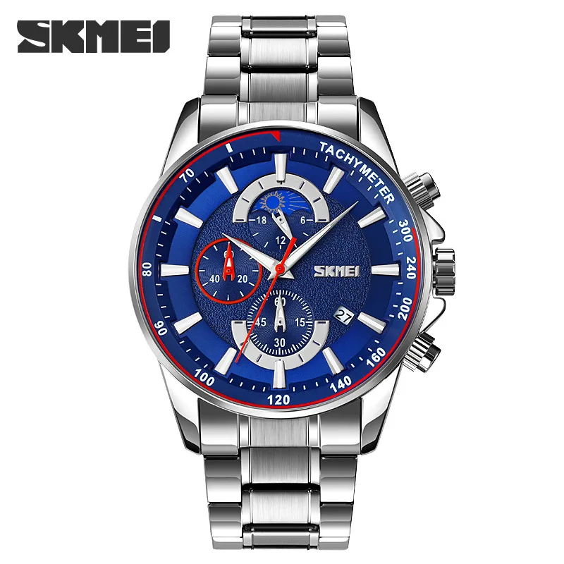 SKMEI 9250 Super Large Moon Phase Date Display Dial Steel Band Quartz Men  Wrist Watch Sport Luxury
