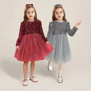 Hot Sale Long Sleeve Velvet Sequined Red Kids Girl Christmas Party Dress Clothes for Kids