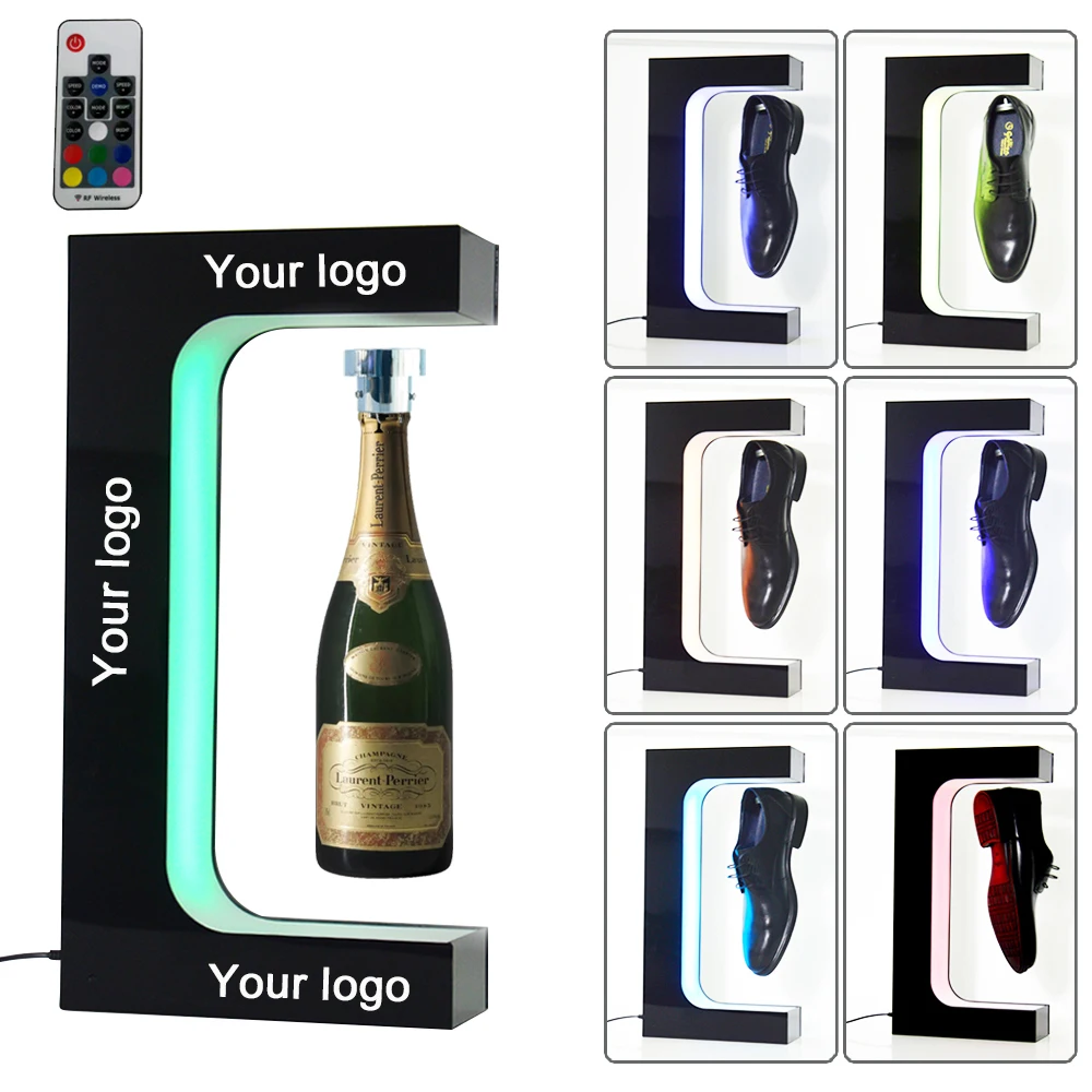 E Shape Color Lighting Magnetic Rotating Levitating Floating Wine Bottle Display