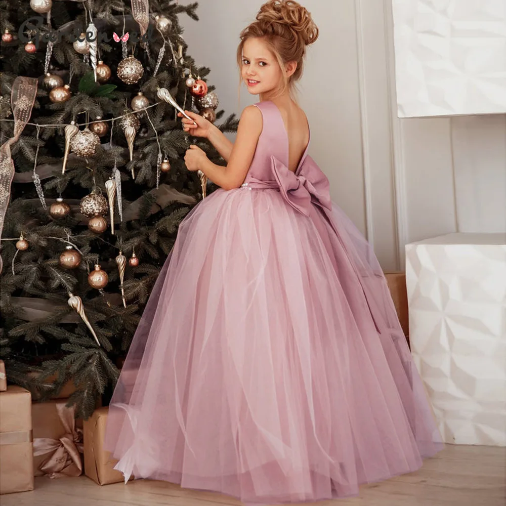 Young Girls Princess Wedding Dresses Elegant Long Length Formal Short  Sleeve Baby Girls Dress for Party