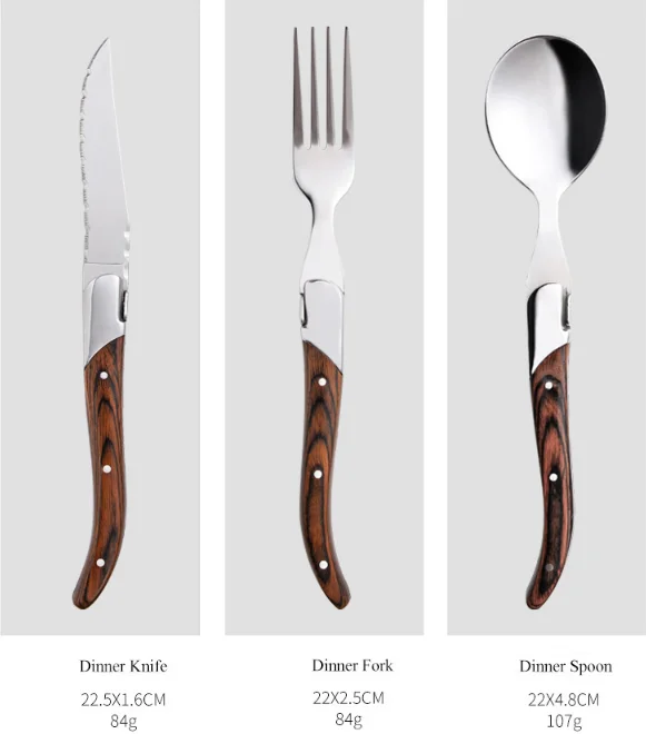 Italian stainless steel flatware western restaurant silverware set dinner fork spoon wooden handle steak knife 12