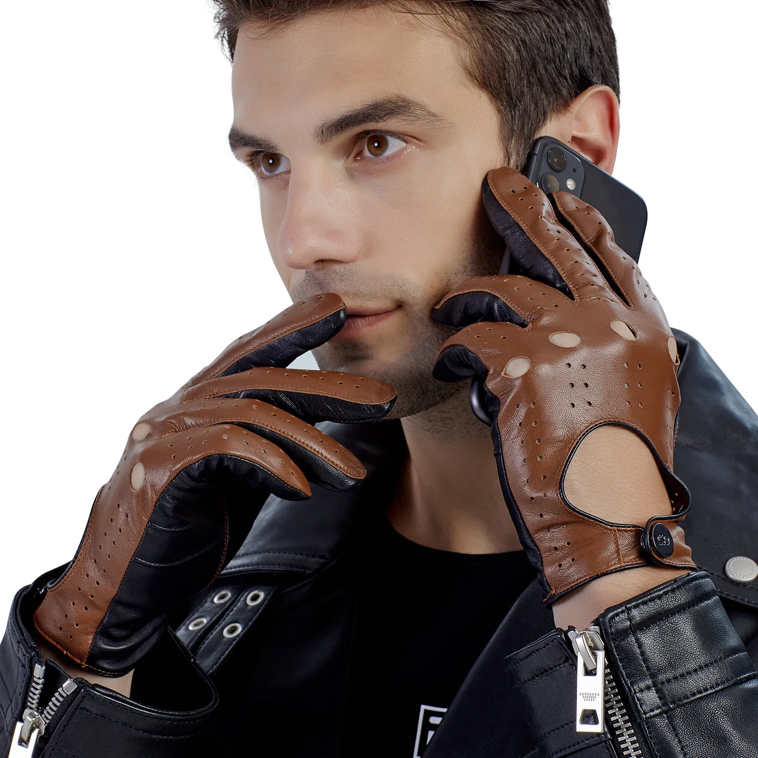 Color Block Origina Design Fashion Unlined Black Brown Mens Motorcycle Driving  Leather Gloves Touchscreen