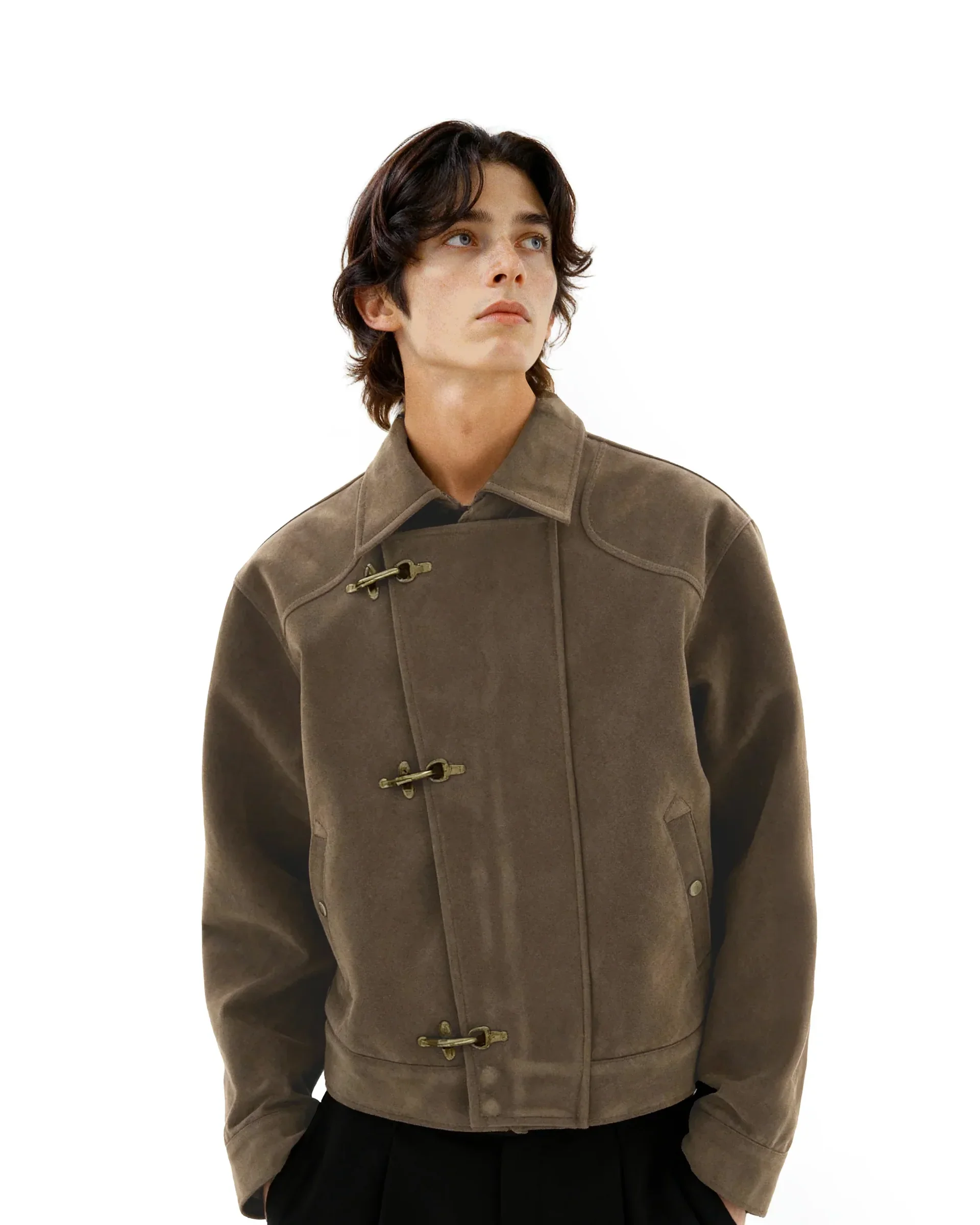 Salati Custom Asymmetric Fireman Buckle Mid Crop Suede Jacket gallery 2