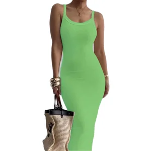 Elegant Summer Solid Pattern Office Ladies Dress Women's High Slit Bodycon Maxi Halter Neckline Ribbed Streetwear Natural Casual
