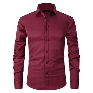 Men's Casual Anti-Wrinkle Long Sleeve Solid Color Shirt Four-Sided Stretch Slim-Fit Single Breasted Button Twill for Autumn