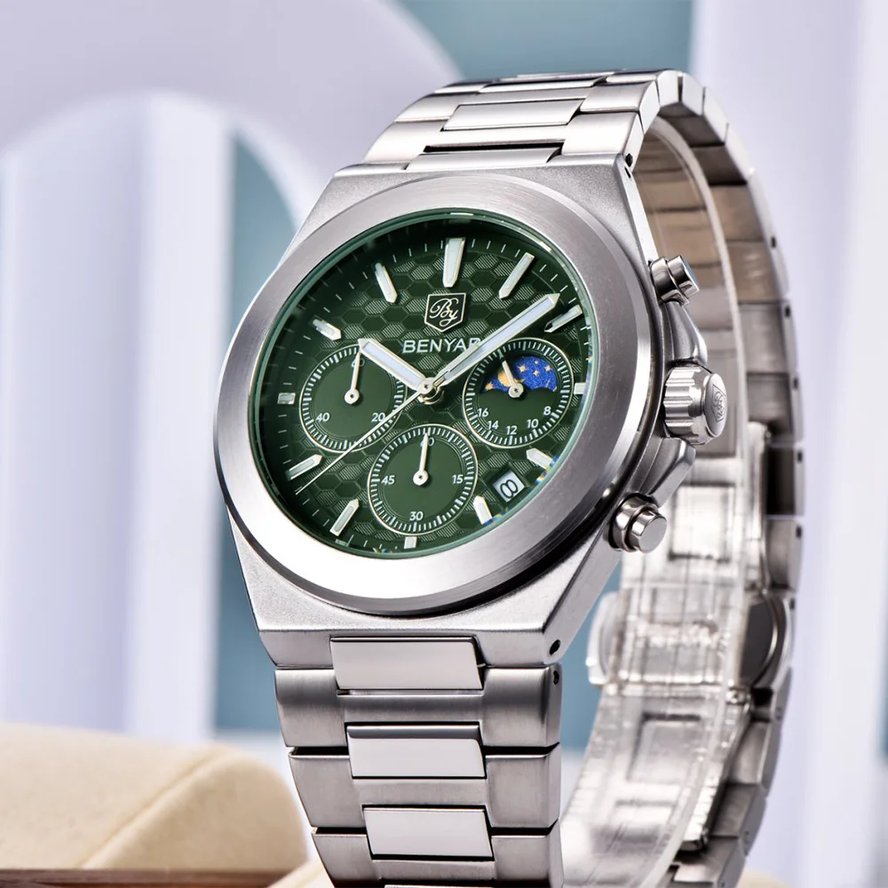 BENYAR 5220 Classic Business Watch Quartz Stainless Steel Waterproof Watch Multi Functional Moon Phase Dial Watches for Man