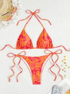 Custom 2026 New Sexy Print Cute Two Piece Bikini Set Triangle Halter Swimsuit Women Double Side Tie Thong Swimwear