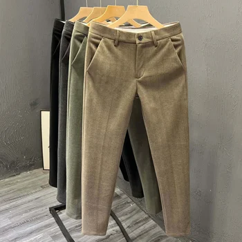 British wind men's small trousers autumn and winter trend business casual pants handsome thick woolen trousers.