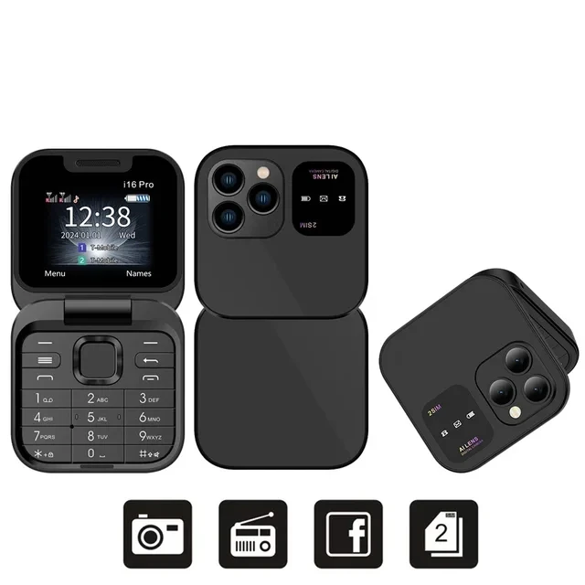 I16Pro Foldable Mobile Phone Auto Call Record Speed Dial FM Radio Mini Flip Phones 2 Card Unlocked Cellphone I16Pro Fold Phone