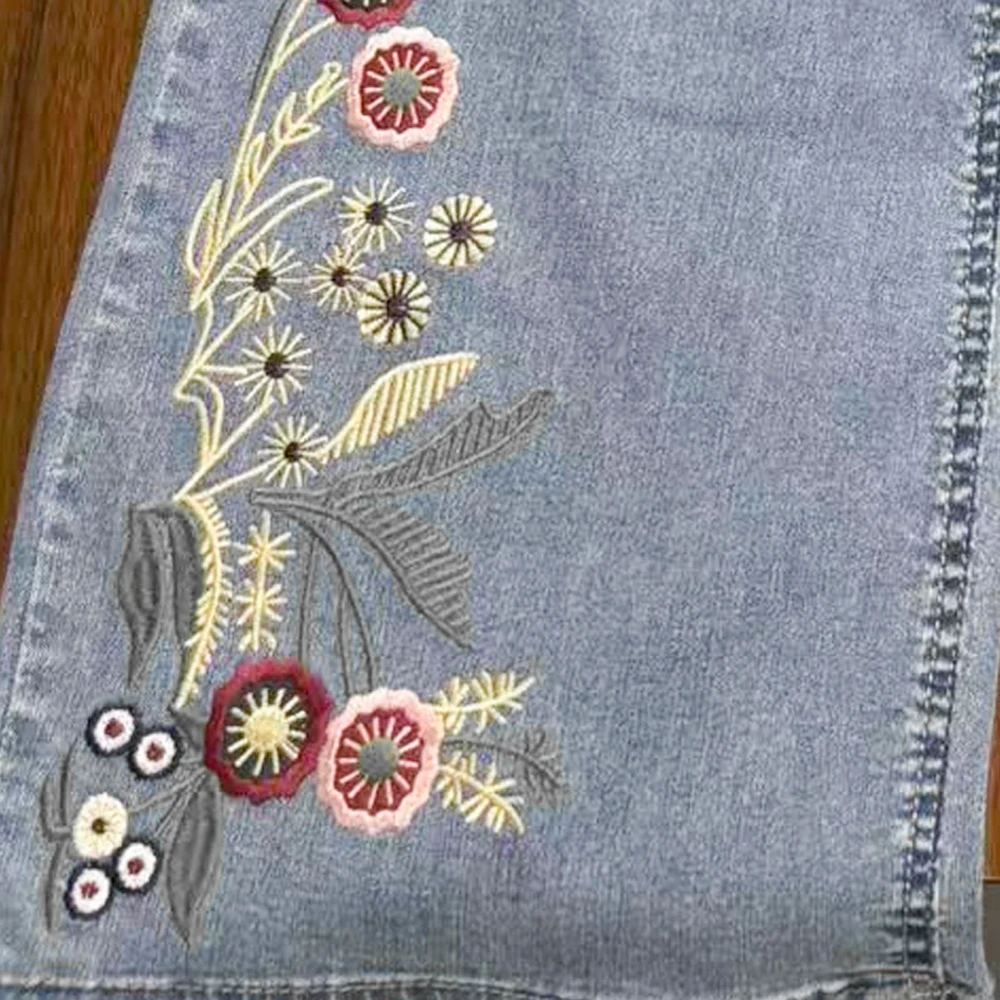 Boho Floral Embroidered Women's Flare Jeans Trendy High Waist Bell Bottom Denim Pants